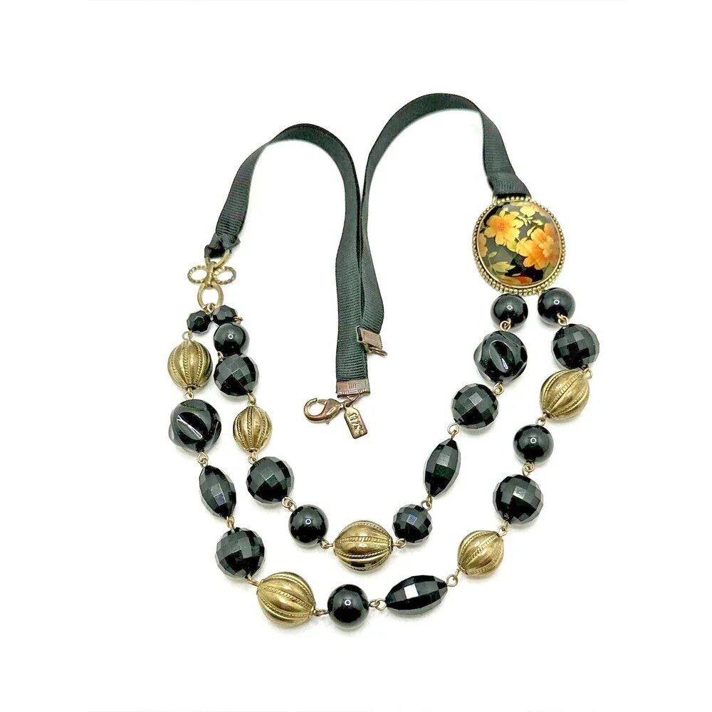 1928 Brand Black Gold Bead Necklace Faceted Floral Cabochon Ribbon Statement 24